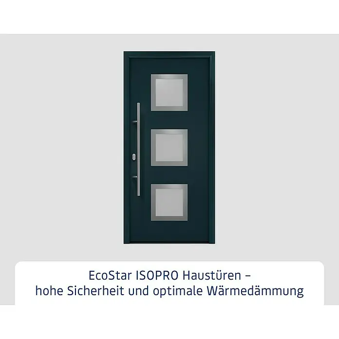 Hörmann EcoStar Haustür ISOPRO IP 810S - 110 x 210 cm, DIN Anschlag: Links, Anthrazitgrau - EcoStar ISOPRO dunkelblaue Haustür mit drei quadratischen Fenstern und vertikalem silbernem Griff, bietet hohe Sicherheit und Wärmedämmung.