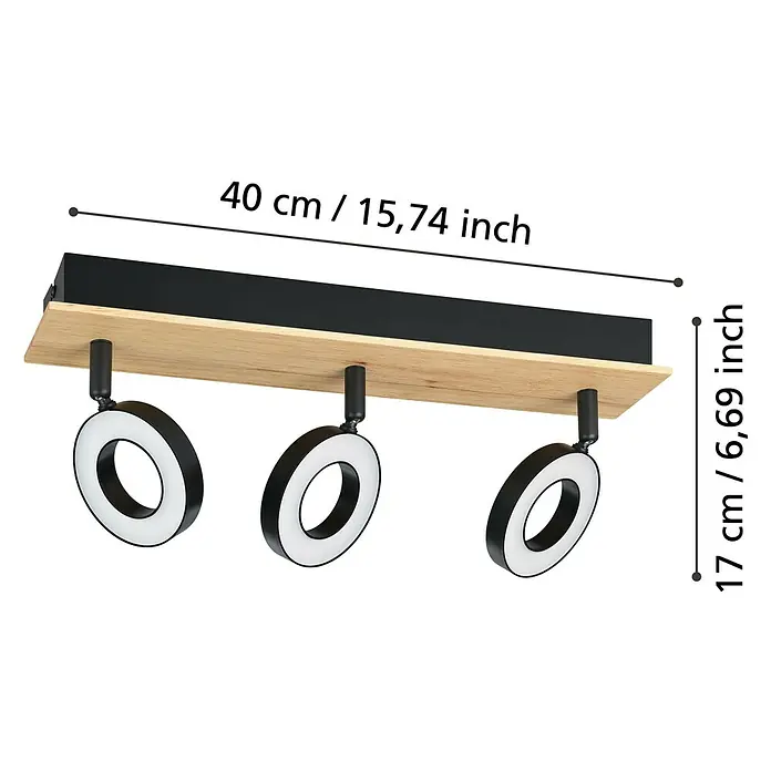 Eglo LED-Einbauleuchte Rielves - 4,2 W, L x B x H: 40 x 7 x 17,5 cm, Schwarz, Holz, Warmweiß - Deckenleuchte aus Holz und Schwarz mit drei runden LED-Strahlern, 40 cm lang, 17 cm hoch.
