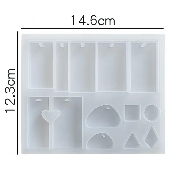 CreativEpoxy Gießform Silikonformen-Set - Schmuck, Silikon - Transparente Silikonform (14,6x12,3cm) für Schlüsselanhänger/Schmuck. Mit Formen: Rechtecke, Herz, geometrisch, teils mit Löchern.