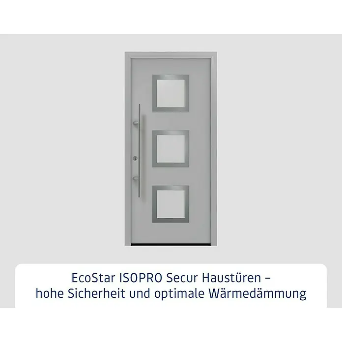 Hörmann EcoStar Haustür ISOPRO Secur IPS 810S - 110 x 210 cm, DIN Anschlag: Links, Weißaluminium - Hellgraue Eingangstür mit drei quadratischen Glaseinsätzen und langem Griff, bietet Sicherheit und Wärmedämmung.