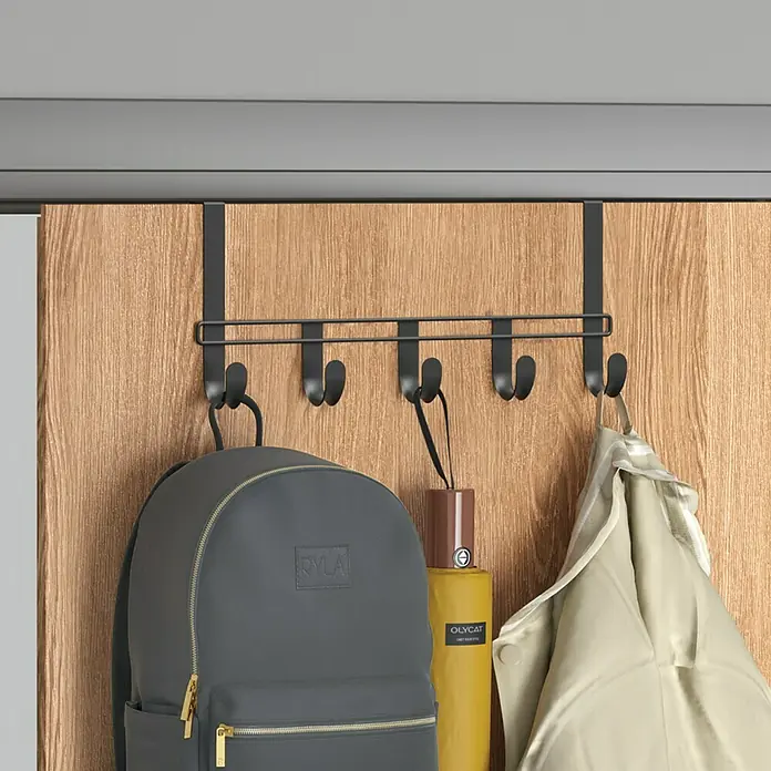 Metaltex Hakenleiste - Lavaschwarz, L x B x H: 38 x 6 x 15 cm, Anzahl Haken: 5 Stk., Metall - Der Türhaken mit Kleiderbügel bietet Platz für Kleidung, Regenschirm und Rucksack. Der Türhänger ist aus Metall gefertigt.