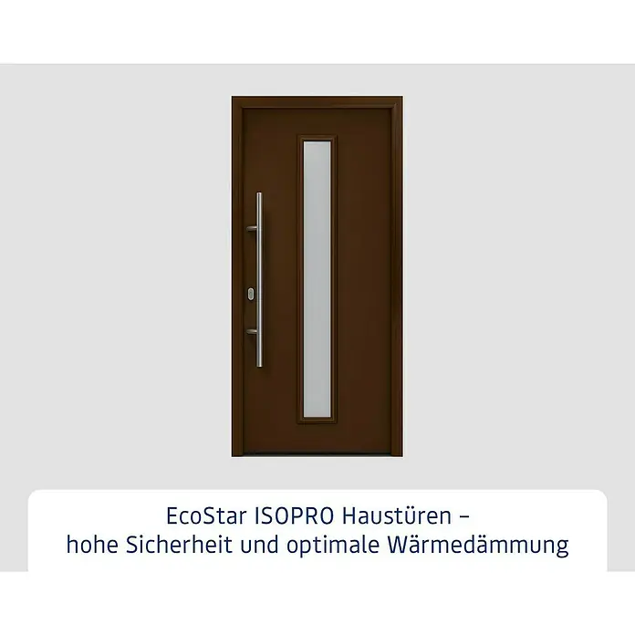 Hörmann EcoStar Haustür ISOPRO IP 020S - 110 x 210 cm, DIN Anschlag: Links, Terrabraun - Braune Haustür mit langem silbernem Griff und vertikalem Milchglaseinsatz.