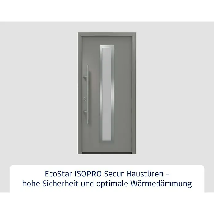 Hörmann EcoStar Haustür ISOPRO Secur IPS 700S - 110 x 210 cm, DIN Anschlag: Links, Graualuminium - Moderne graue Haustür mit vertikalem Glaseinsatz und langem silbernen Griff, für hohe Sicherheit und optimale Wärmedämmung.
