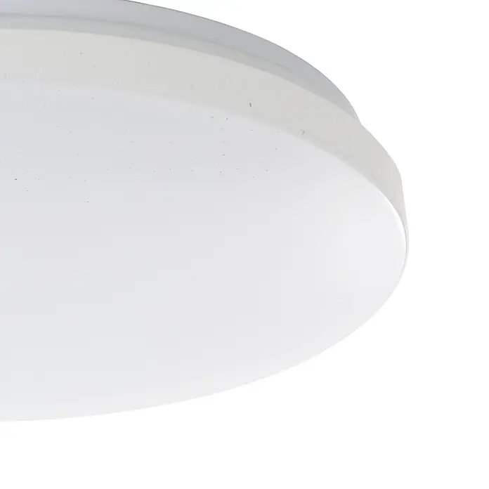 Eglo LED-Deckenleuchte rund Kristall - 18 W, Ø x H: 31 x 5,5 cm, Neutralweiß - Nahaufnahme einer runden, flachen LED-Deckenleuchte mit einem schlichten, weißen Diffusor und einem unaufdringlichen Design, ideal für moderne Innenräume.