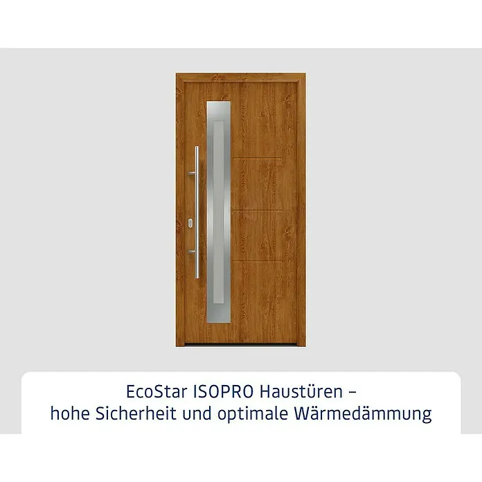 Hörmann EcoStar Haustür ISOPRO IP 780S - 110 x 210 cm, DIN Anschlag: Links, Golden Oak - Moderne Haustür in Holzoptik mit langem silbernem Griff und vertikalem Glaseinsatz.