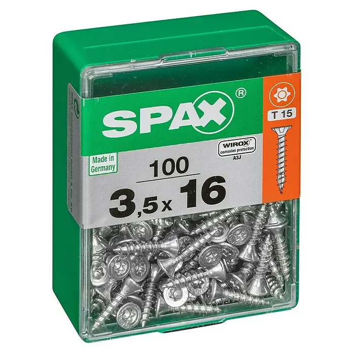 Spax T-Star plus Tornillo universal - Ø x L: 3,5 x 16 mm, Superficie WIROX, Torx, 100 ud. - Imagen de una caja de tornillos Spax verde con 100 tornillos avellanados, de 3,5 x 16 mm, con protección anticorrosión WIROX y accionamiento Torx T15.