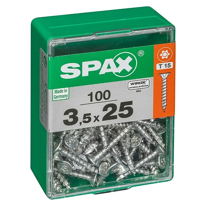 Spax T-Star plus Universalschraube T-Star plus - Ø x L: 3,5 x 25 mm, WIROX Oberfläche, T-Star plus, 100 Stk. - Dose mit 100 SPAX Schrauben, Torx T 15, 3,5x25 mm, ideal für Holzverbindungen und Heimwerkerprojekte. Made in Germany, hohe Qualität.