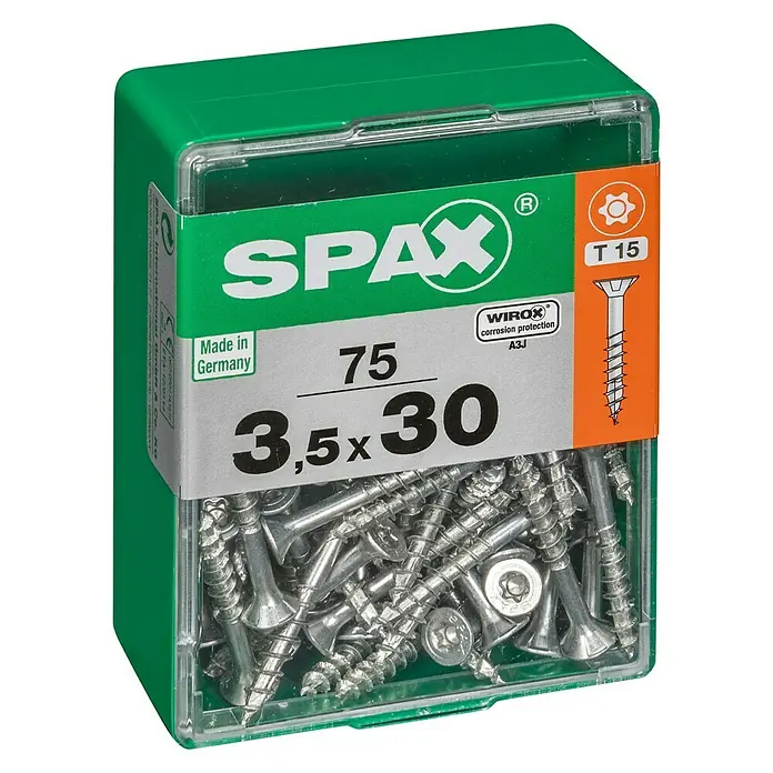 Spax T-Star plus Universalschraube T-Star plus - Ø x L: 3,5 x 30 mm, WIROX Oberfläche, T-Star plus, 75 Stk. - Eine grüne Box mit SPAX-Schrauben, Größe 3,5 x 30 mm, Torx T15 Antrieb und WIROX Korrosionsschutz A3J. Hergestellt in Deutschland.