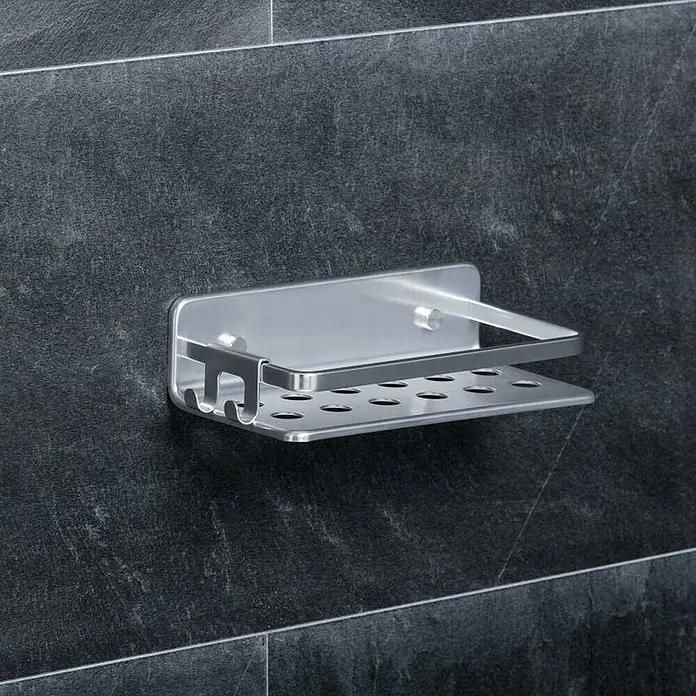 Tatay Moon Cesta de baño 2 alturas -  - Estante de baño plateado con ganchos para montaje en pared. Ideal para utensilios de baño y cepillos de dientes.