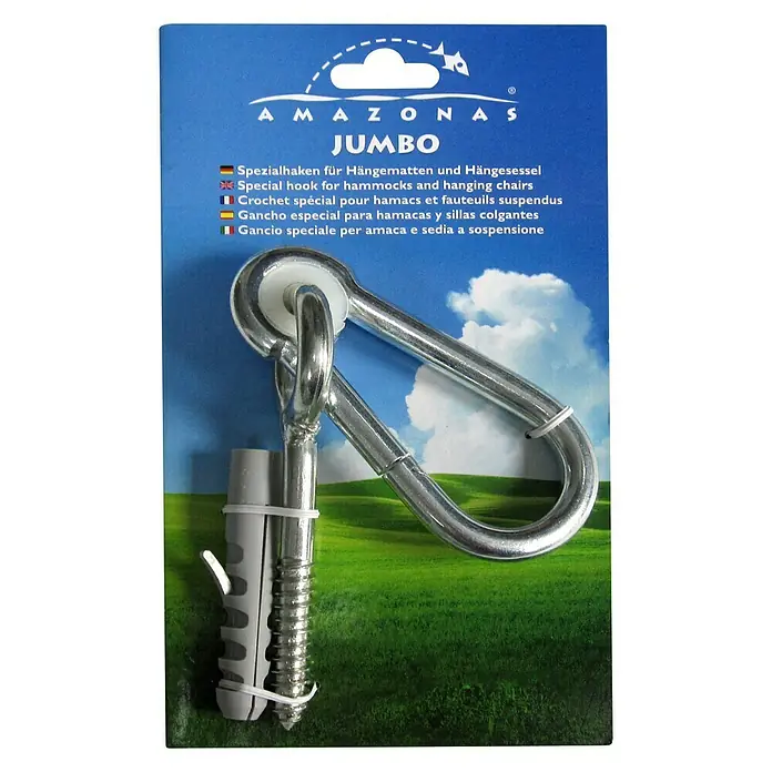 Amazonas Karabinerhaken Jumbo - Belastbarkeit: 150 kg - Amazonas Jumbo Haken für Hängematten und Hängesessel, inklusive Dübel und Schraube, für sichere und einfache Montage.