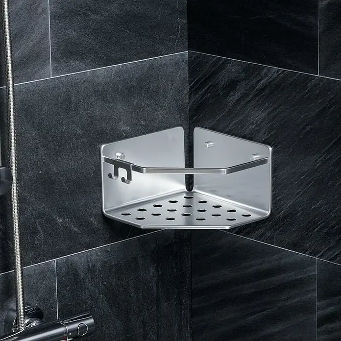 Tatay Moon Cesta de baño angular - L x An x Al: 20 x 20 x 12 cm, 1 ud., Plateado - Estante esquinero de aluminio para utensilios de ducha con ganchos, que proporciona fácil almacenamiento en baños con azulejos oscuros.
