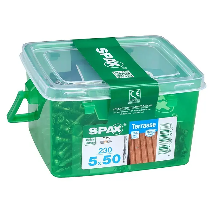 Spax Terrassenschraube T-Star Plus - Ø x L: 5 x 50 mm, Edelstahl rostfrei A2, Blank, 230 Stk. - Eine transparente grüne Box mit Spax Terrassenschrauben 5x50, Made in Germany, ideal für den Außenbereich.