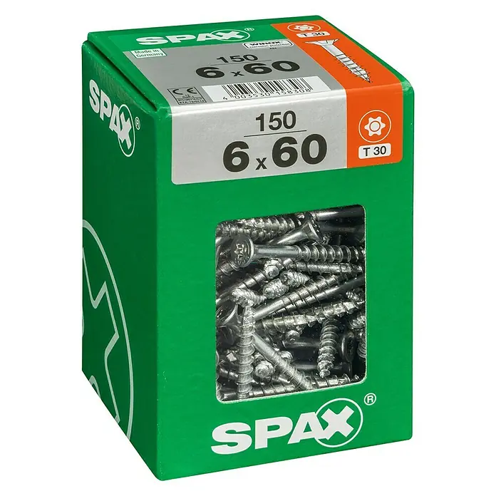 Spax T-Star plus Universalschraube T-Star plus - Ø x L: 6 x 60 mm, WIROX Oberfläche, T-Star plus, 150 Stk. - Eine grüne Verpackung Spax Universalschrauben 6 x 60 mm, Torx T30, mit 150 Schrauben für vielseitige Befestigungen und Anwendungen.