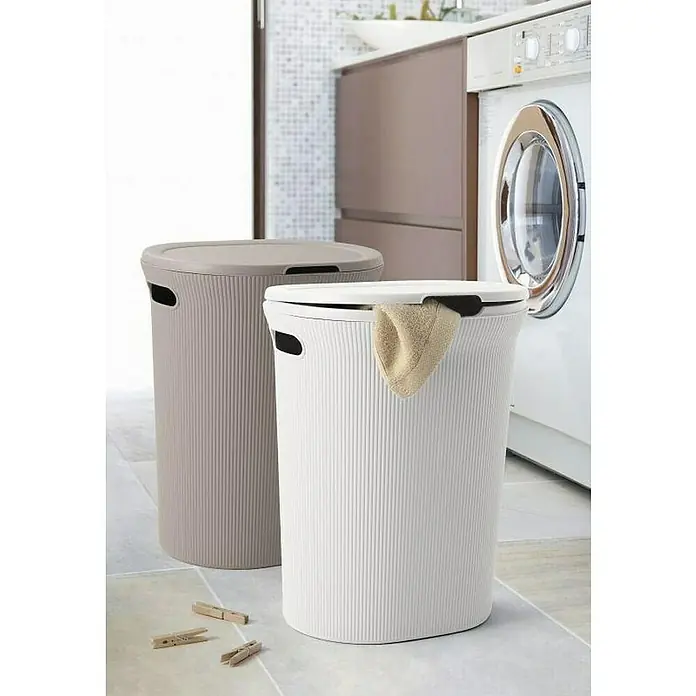 Tatay Baobab Cesta para la ropa - L x An x Al: 33 x 41 x 50 cm, Blanco - Dos cestos de ropa con tapa en beige y blanco que ofrecen una solución práctica para guardar la ropa sucia en el baño.