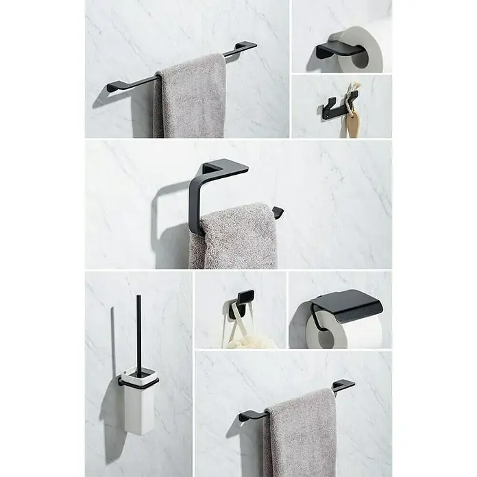 Tatay Onyx Kit de fijación Glue Fix - 2 pzs., Negro, Plástico (ABS), Apto para: Utensilios de baño - Accesorios de baño negros en una pared de mármol. Toallero, portarrollos, ganchos y juego de escobillas de váter con diseño moderno.