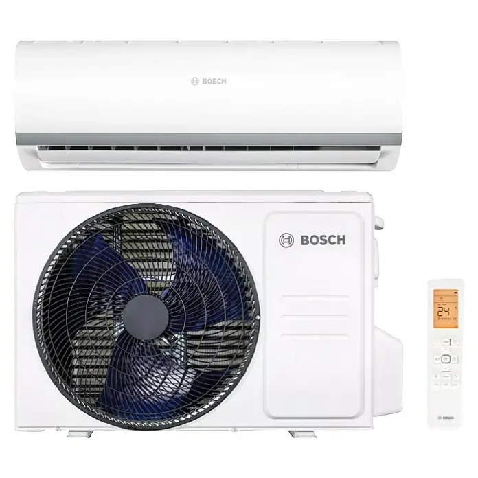 Bosch Aire acondicionado Inverter Climate 2000i + Instalación - 2.600 W, 3.000 W, 16 m², Blanco - Aquí hay una imagen de un aire acondicionado Bosch. Es blanco y tiene un mando a distancia para ajustar la temperatura.