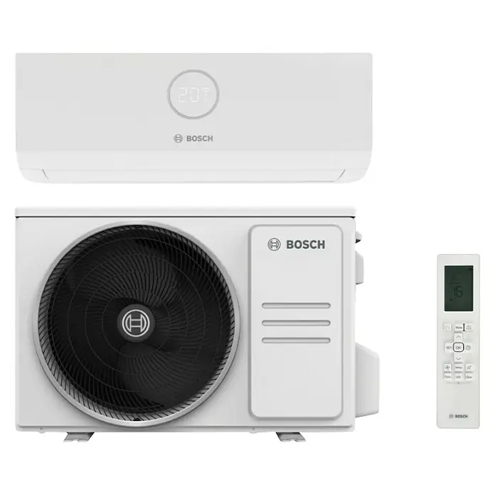 Bosch Aire acondicionado Inverter Climate 3000i + Instalación - 2.600 W, 2.900 W, 18 m², Blanco - Imagen de un aire acondicionado Bosch, que ofrece refrigeración y calefacción eficientes con tecnología de vanguardia.