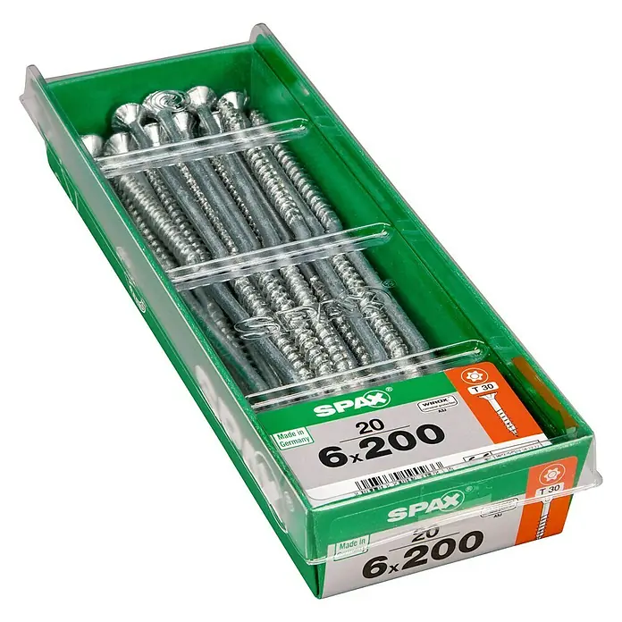 Spax T-Star plus Universalschraube T-Star plus - Ø x L: 6 x 200 mm, WIROX Oberfläche, T-Star plus, 20 Stk. - Dose mit SPAX Schrauben 6x200, ideal für Holzkonstruktionen im Innen- und Außenbereich, Made in Germany.
