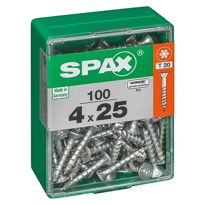 Spax T-Star plus Universalschraube T-Star plus - Ø x L: 4 x 25 mm, WIROX Oberfläche, T-Star plus, 100 Stk. - Dose mit 100 SPAX Universalschrauben 4x25 mm, ideal für Holzverbindungen. Mit WIROX-Beschichtung für erhöhten Korrosionsschutz und T20-Antrieb.