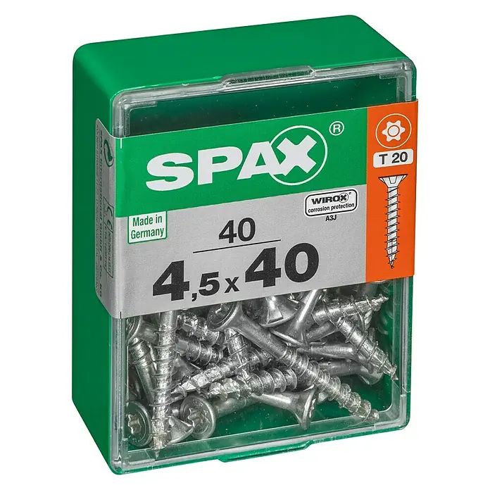 Spax T-Star plus Universalschraube T-Star plus - Ø x L: 4,5 x 40 mm, WIROX Oberfläche, T-Star plus, 40 Stk. - Dose mit SPAX Universalschrauben, 4,5x40 mm, mit WIROX-Korrosionsschutz und T-20-Sternkopf. Perfekt für vielseitige Anwendungen.