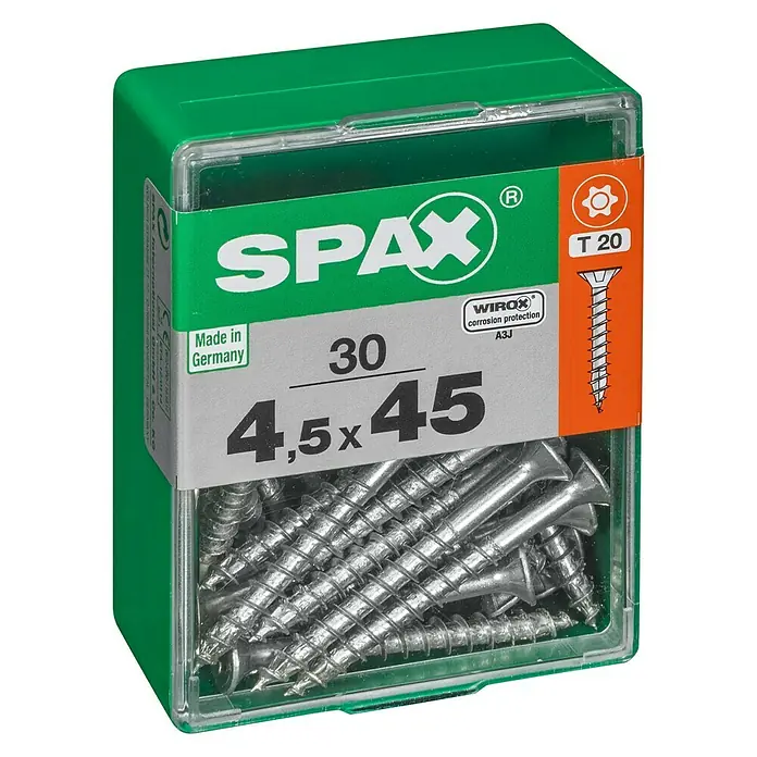 Spax T-Star plus Universalschraube T-Star plus - Ø x L: 4,5 x 45 mm, WIROX Oberfläche, T-Star plus, 30 Stk. - Eine Dose mit Spax-Schrauben der Größe 4,5x45 mm, ideal für diverse Befestigungsarbeiten. Das Produkt ist "Made in Germany".