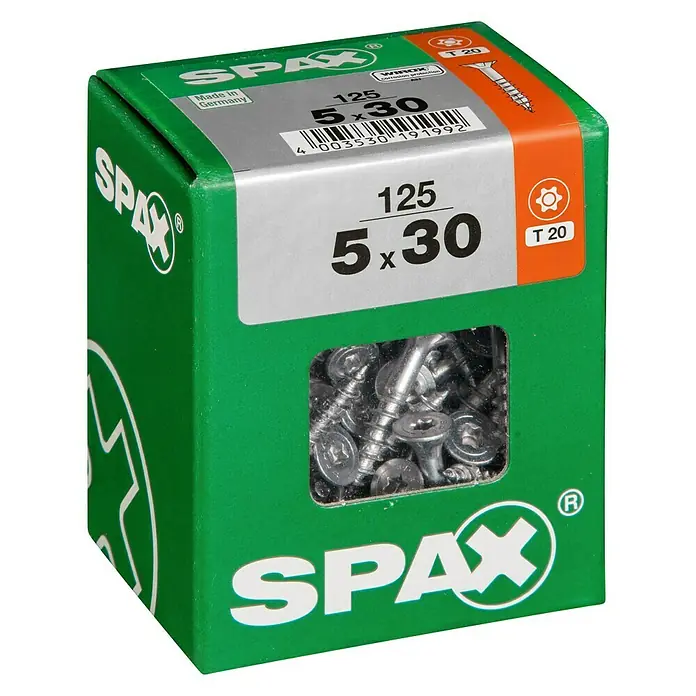 Spax T-Star plus Universalschraube T-Star plus - Ø x L: 5 x 30 mm, WIROX Oberfläche, T-Star plus, 125 Stk. - Eine grüne Schachtel Spax Schrauben, Größe 5x30 mm, mit der Artikelnummer und der Kennzeichnung "Made in Germany".