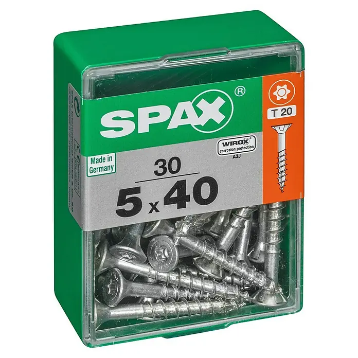Spax T-Star plus Universalschraube T-Star plus - Ø x L: 5 x 40 mm, WIROX Oberfläche, T-Star plus, 30 Stk. - Dose Spax Universalschrauben 5x40 mm, ideal für Holzkonstruktionen. Die Schrauben sind mit WIROX-Beschichtung versehen, die vor Korrosion schützt.