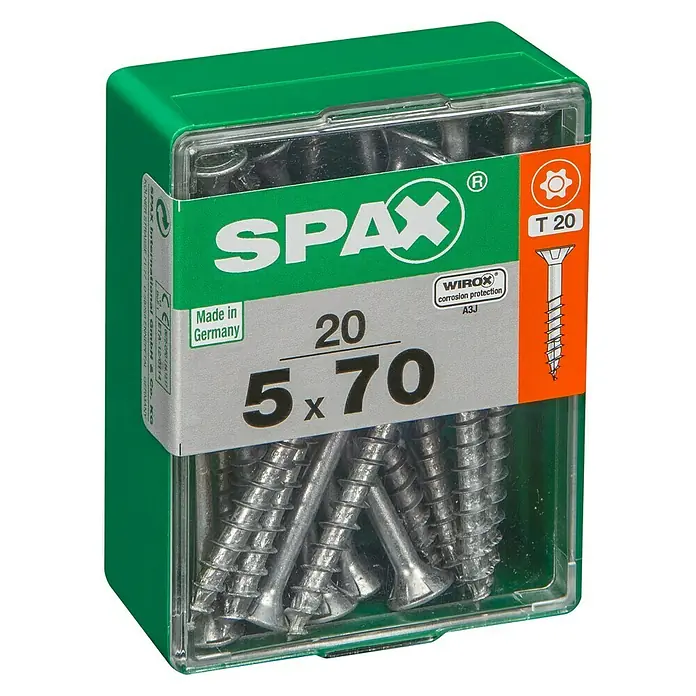 Spax T-Star plus Universalschraube T-Star plus - Ø x L: 5 x 70 mm, WIROX Oberfläche, T-Star plus, 20 Stk. - Packung Spax Schrauben 5 x 70 mm, T20, ideal für Holzkonstruktionen. Made in Germany, hohe Qualität und Korrosionsschutz.