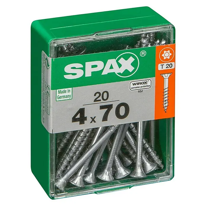 Spax T-Star plus Universalschraube T-Star plus - Ø x L: 4 x 70 mm, WIROX Oberfläche, T-Star plus, 20 Stk. - Eine grüne Packung SPAX Schrauben, Größe 4 x 70 mm, mit Torx T20-Antrieb und WIROX Korrosionsschutz.