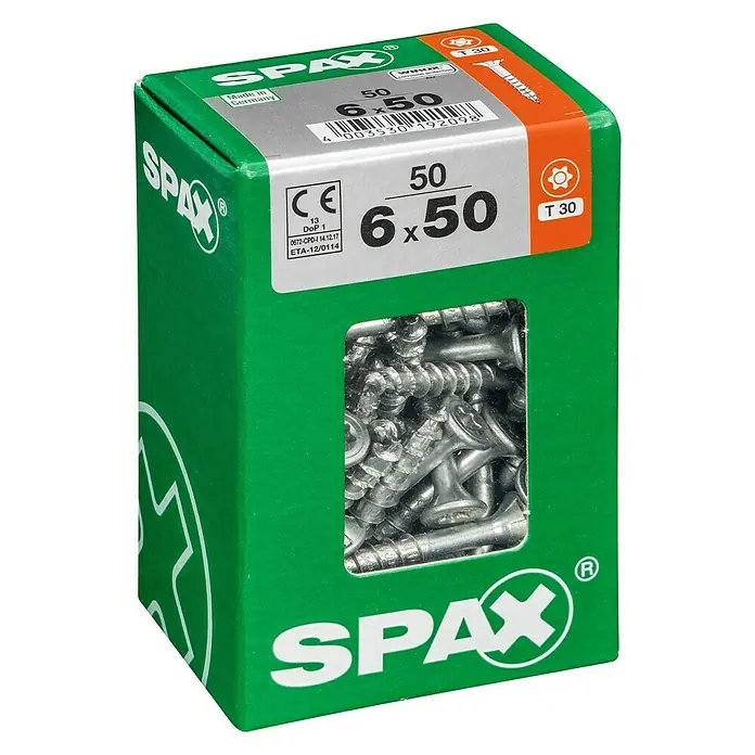 Spax Universalschraube T-Star plus - Ø x L: 6 x 50 mm, WIROX Oberfläche, T-Star plus, 50 Stk. - Eine grüne Schachtel Spax-Schrauben, Größe 6 x 50 mm, perfekt für diverse Befestigungsarbeiten im Haus und Garten.