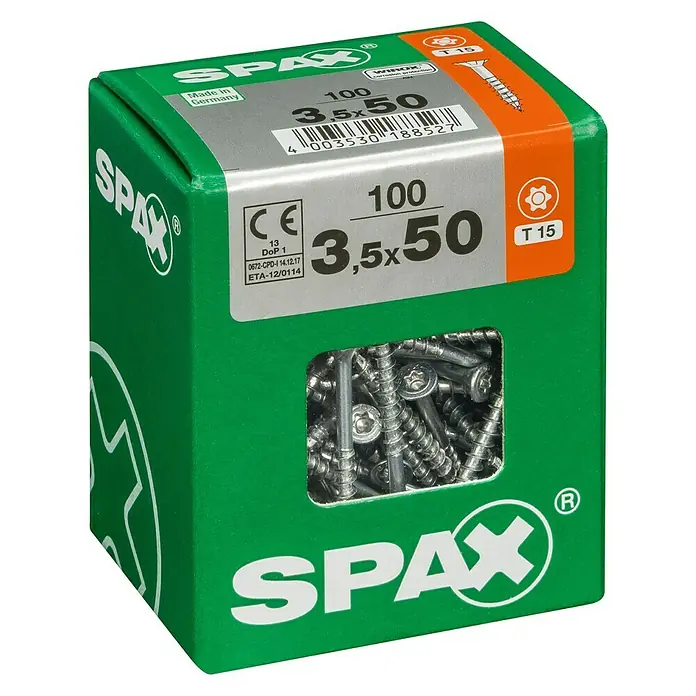 Spax T-Star plus Universalschraube T-Star plus - Ø x L: 3,5 x 50 mm, WIROX Oberfläche, T-Star plus, 100 Stk. - Eine grüne Spax Schrauben-Box mit der Aufschrift 100 3,5x50, die hochwertige Schrauben für diverse Anwendungen verspricht.