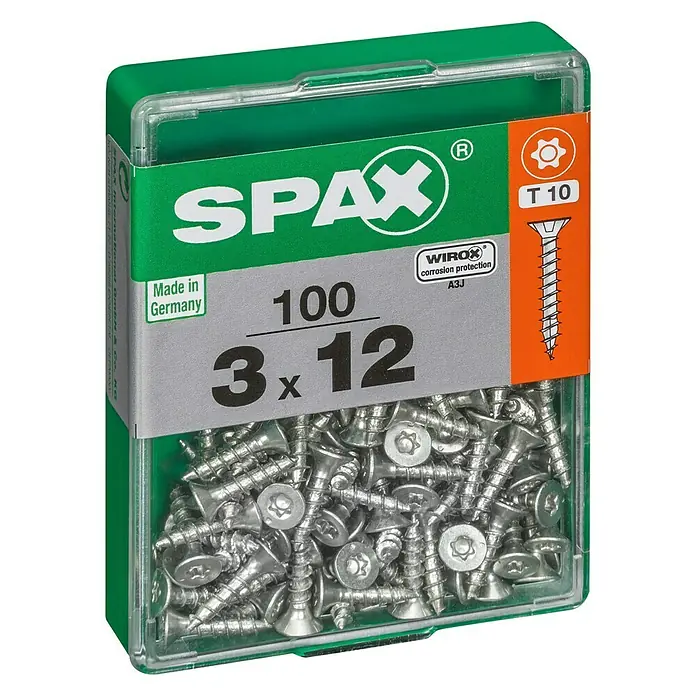 Spax Universalschraube T-Star plus - Ø x L: 3 x 12 mm, WIROX Oberfläche, T-Star plus, 100 Stk. - Eine grüne Spax Schraubenbox mit 100 Senkkopfschrauben, ideal für vielfältige Anwendungen im Innen- und Außenbereich, Größe 3x12.