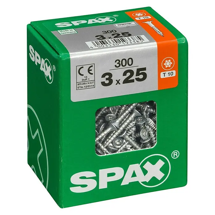Spax Universalschraube T-Star plus - Ø x L: 3 x 25 mm, WIROX Oberfläche, T-Star plus, 300 Stk. - Eine grüne Schachtel Spax Schrauben 3x25 mm, ideal für vielseitige Befestigungen. Hochwertige Schrauben für professionelle und Heimwerker-Projekte.