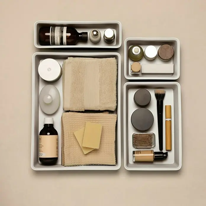 Tatay Bohol Organizador A5 - L x An x Al: 17 x 26 x 5,5 cm, Blanco sky - Cajones con productos para el cuidado personal. El cuidado de la piel, las toallas y el maquillaje se almacenan ordenadamente en recipientes grises.