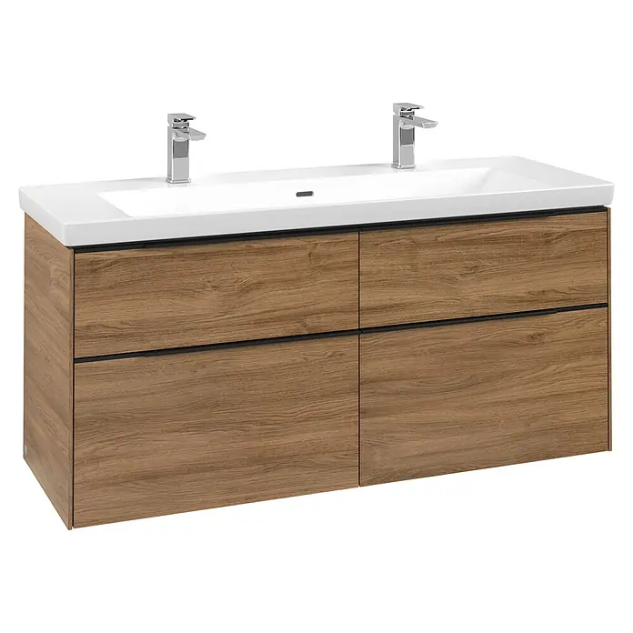 Villeroy & Boch Subway 3.0 Waschbeckenunterschrank - Kansas Oak, Anzahl Schubladen: 4 Stk., Farbe Griff: Volcano Black, B x T x H: 127,2 x 47,8 x 57,6 cm, Mit Beleuchtung - Doppelwaschtisch mit weißem Keramikbecken, zwei Chromarmaturen und hellbraunem Holzschrank mit vier Schubladen.