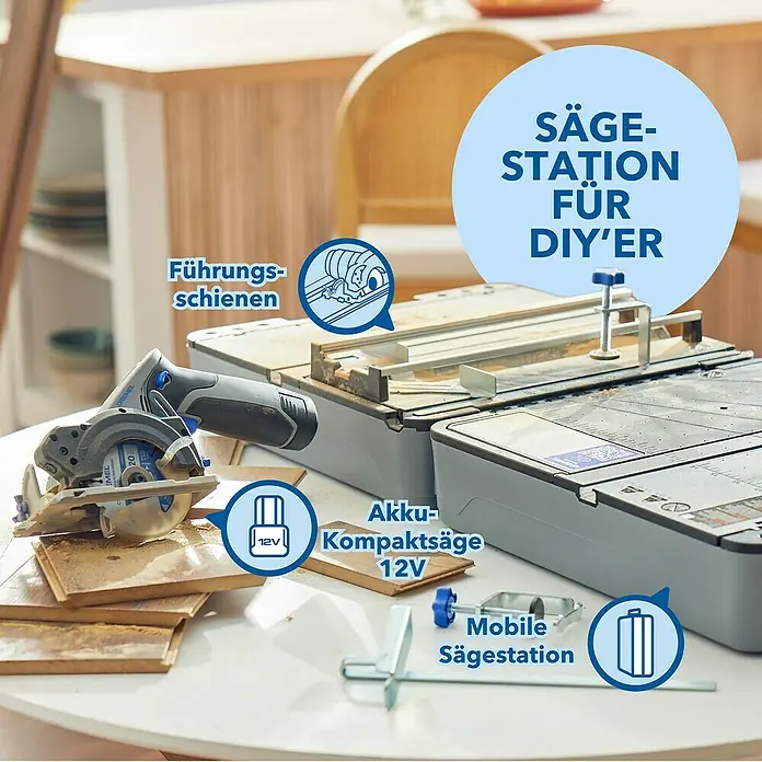 Dremel Mobile Sägestation Blueprint CS12V-S1C - 12 V, 1 Akku, 2 Ah, Leerlaufdrehzahl: 5.000 U/min - Eine Akku-Kompaktsäge 12V mit Führungs-schienen und mobiler Sägestation für DIY-Projekte.