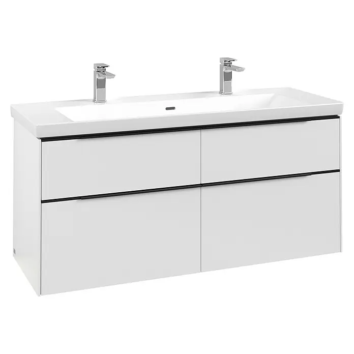 Villeroy & Boch Subway 3.0 Waschbeckenunterschrank - Pure White, Anzahl Schubladen: 4 Stk., Farbe Griff: Volcano Black, B x T x H: 127,2 x 47,8 x 57,6 cm, Mit Beleuchtung - Weißer Doppelwaschtisch mit zwei integrierten Waschbecken, Chromarmaturen und vier Schubladen mit schwarzen Griffen.