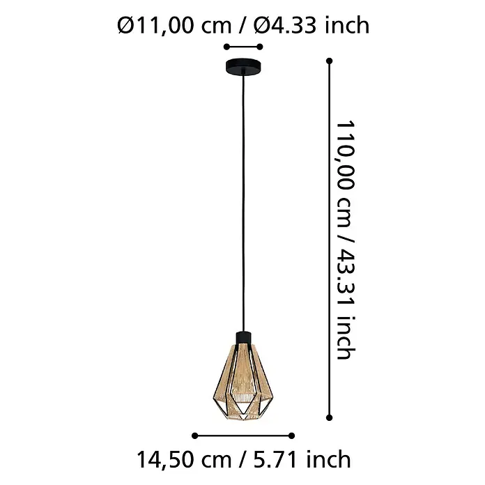 Eglo Pendelleuchte ADWICKLE - 40 W, L x B x H: 17 x 14,5 x 11 cm, Schwarz, E27, 1 Stk. - Abmessungen der dekorativen Pendelleuchte mit einem Lampenschirm aus beigefarbenem Seil und schwarzen Elementen.