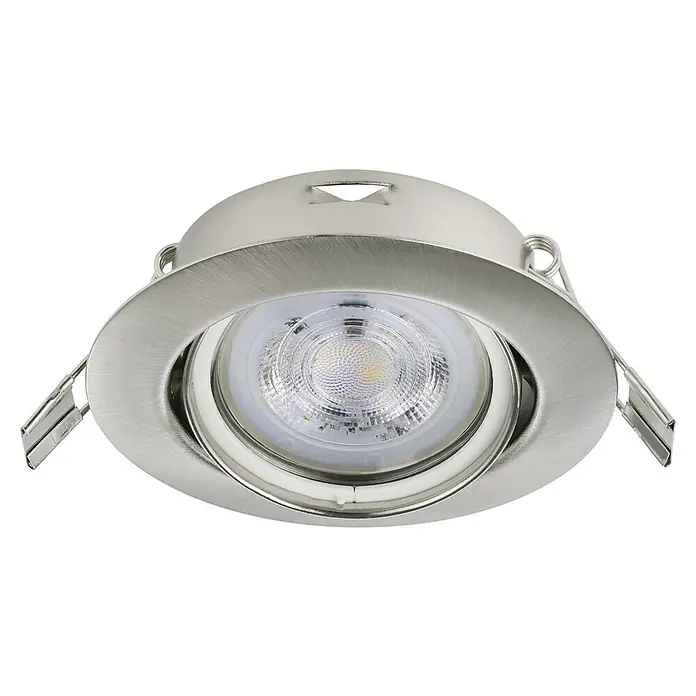 Eglo LED-Einbauleuchten-Set Favazzina - 4 W, Warmweiß, Nickel, Durchmesser: 8,8 cm - Nahaufnahme einer runden, versenkten LED-Deckenleuchte mit gebürsteter Metalloberfläche.