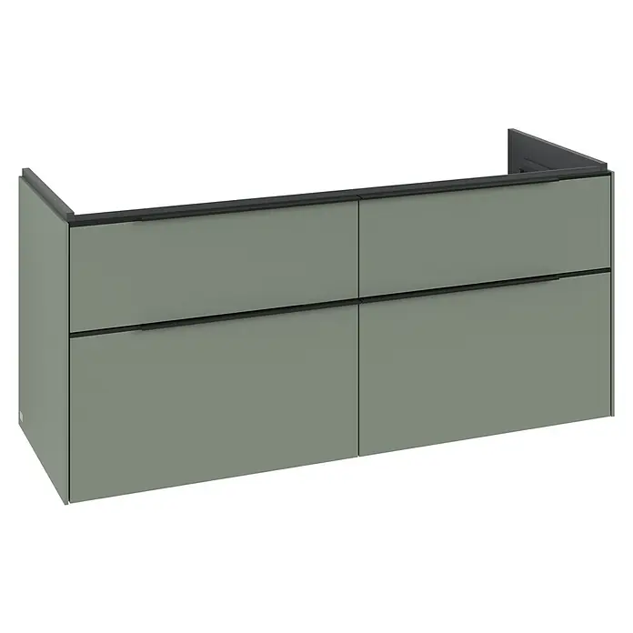 Villeroy & Boch Subway 3.0 Waschbeckenunterschrank - Soft Green, Anzahl Schubladen: 4 Stk., Farbe Griff: Volcano Black, B x T x H: 127,2 x 47,8 x 57,6 cm, Mit Beleuchtung - Salbeigrüner Wandschrank mit vier Schubladen und schwarzen integrierten Griffen.