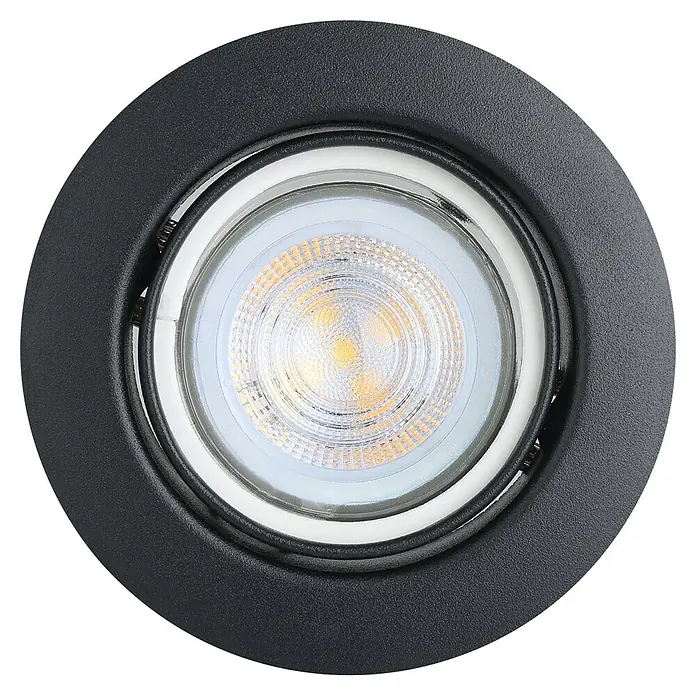 Eglo LED-Einbauleuchten-Set Favazzina - 4 W, Warmweiß, Schwarz, Durchmesser: 8,8 cm - Nahaufnahme einer schwarzen Einbauleuchte mit LED-Licht, ideal für moderne Innenräume. Sorgt für helle und effiziente Beleuchtung.