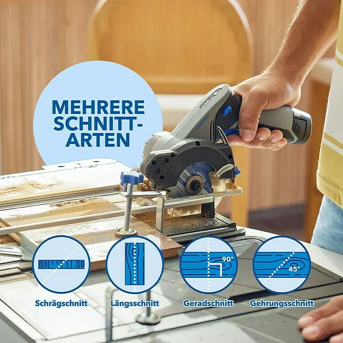 Dremel Mobile Sägestation Blueprint CS12V-S1C - 12 V, 1 Akku, 2 Ah, Leerlaufdrehzahl: 5.000 U/min - Eine Dremel Mini-Kreissäge wird zum Schneiden von Holz verwendet, wobei verschiedene Schnittarten dargestellt werden.