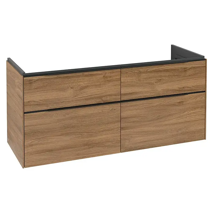 Villeroy & Boch Subway 3.0 Waschbeckenunterschrank - Kansas Oak, Anzahl Schubladen: 4 Stk., Farbe Griff: Volcano Black, B x T x H: 127,2 x 47,8 x 57,6 cm, Mit Beleuchtung - Wandmontierter Holz-Badschrank mit vier Schubladen und dunkelgrauen Oberkanten.