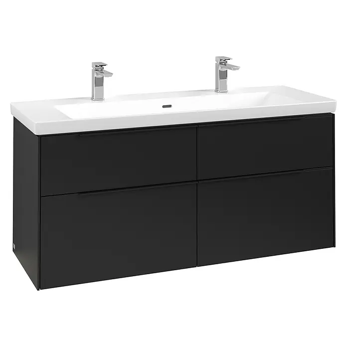 Villeroy & Boch Subway 3.0 Waschbeckenunterschrank - Volcano Black, Anzahl Schubladen: 4 Stk., Farbe Griff: Volcano Black, B x T x H: 127,2 x 47,8 x 57,6 cm, Mit Beleuchtung - Schwarzer Doppelwaschtischunterschrank mit weißem Doppelwaschbecken und zwei Chromarmaturen.
