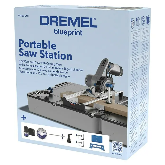 Dremel Mobile Sägestation Blueprint CS12V-S1C - 12 V, 1 Akku, 2 Ah, Leerlaufdrehzahl: 5.000 U/min - Dremel Blueprint CS12V-S1C tragbare Sägestation mit 12V Akku-Kompaktsäge und Zubehör im Koffer für präzise Schnitte.