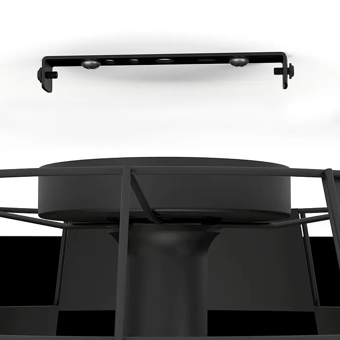 Eglo Deckenleuchte rund PONTEFRACT - 40 W, Ø x H: 42 x 20,5 cm, Schwarz, E27 - Nahaufnahme einer schwarzen Deckenleuchte mit Metallkäfig und Befestigungsbügel, die ein modernes und industrielles Design zeigt.