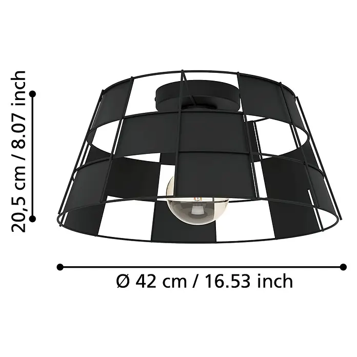 Eglo Deckenleuchte rund PONTEFRACT - 40 W, Ø x H: 42 x 20,5 cm, Schwarz, E27 - Nahaufnahme einer modernen, schwarzen Gitter-Deckenleuchte mit Maßen, die auf dem Bild dargestellt sind.