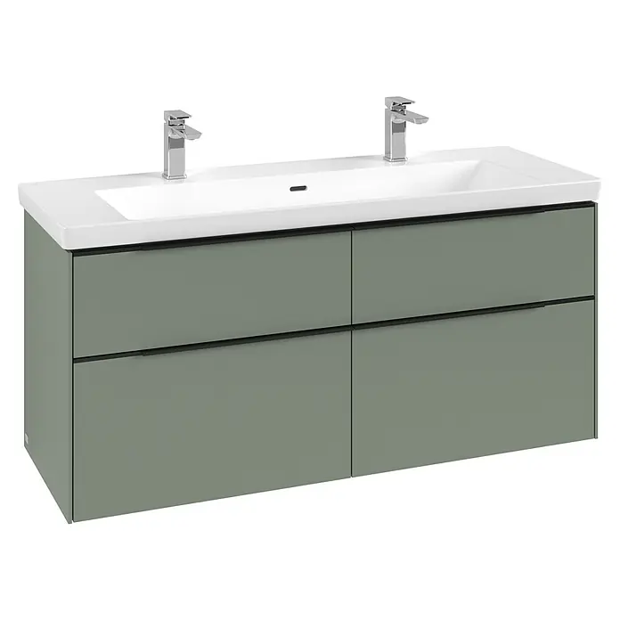Villeroy & Boch Subway 3.0 Waschbeckenunterschrank - Soft Green, Anzahl Schubladen: 4 Stk., Farbe Griff: Volcano Black, B x T x H: 127,2 x 47,8 x 57,6 cm, Mit Beleuchtung - Salbeigrüner Doppelwaschtischunterschrank mit vier Schubladen, zwei weißen Waschbecken und Chromarmaturen.