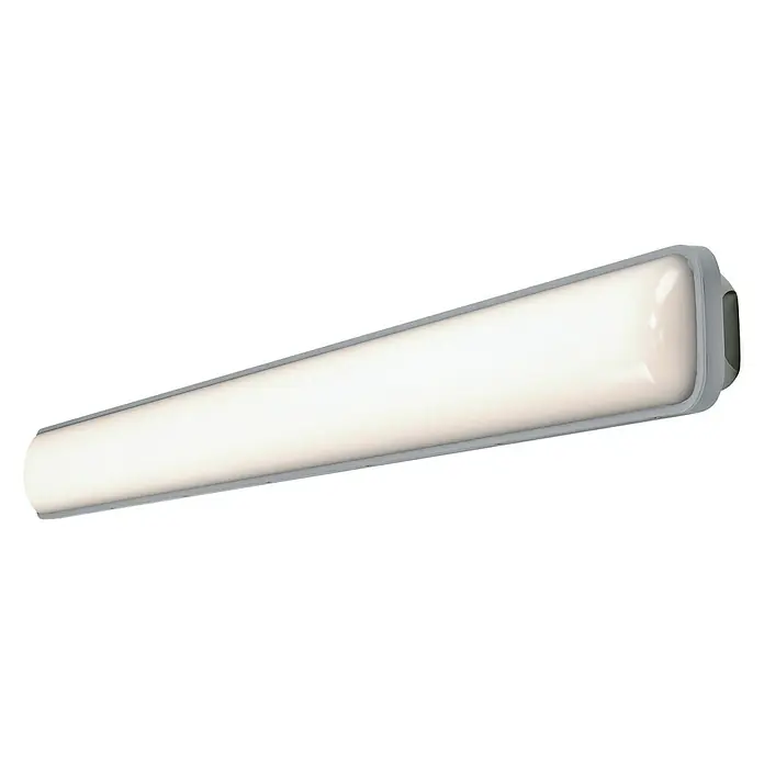 Osram Feuchtraumleuchte Submarine - Länge: 60 cm, Lichtfarbe: Neutralweiß, 18 W, IP65 - Eine Nahaufnahme einer LED-Deckenleuchte mit einem schlanken, grauen Rahmen und einem hellen, diffusen Lichtpaneel.