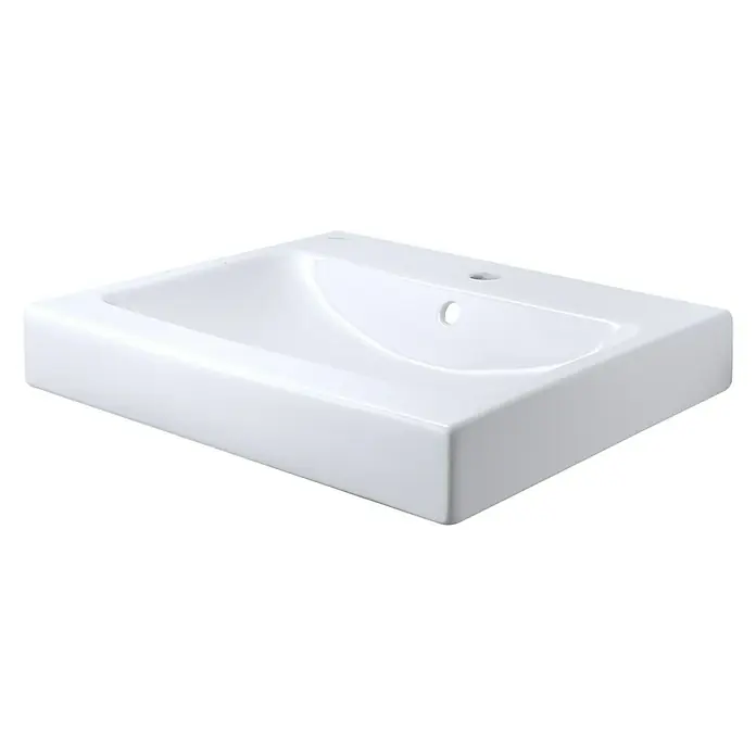 Geberit iCon Waschtisch-Set - 60 x 48,5 cm, Ohne Spezialglasur, Hahnloch: Mitte, Mit Überlauf, Weiß, Mit Schallschutz-Set und Montagematerial - Nahaufnahme eines modernen, rechteckigen, weißen Aufsatzwaschbeckens mit Hahnloch.